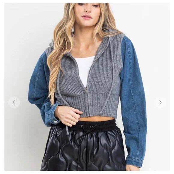 Rib Knit and Denim Contrast Crop Hoodie Jacket - Picture 2 of 6